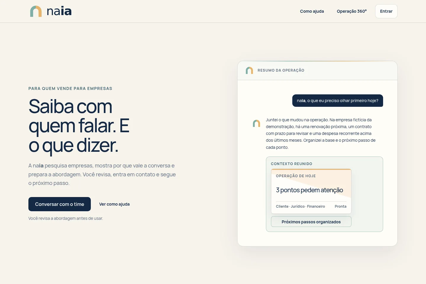 Detalhe da interface da naia reunindo contexto e próximos passos