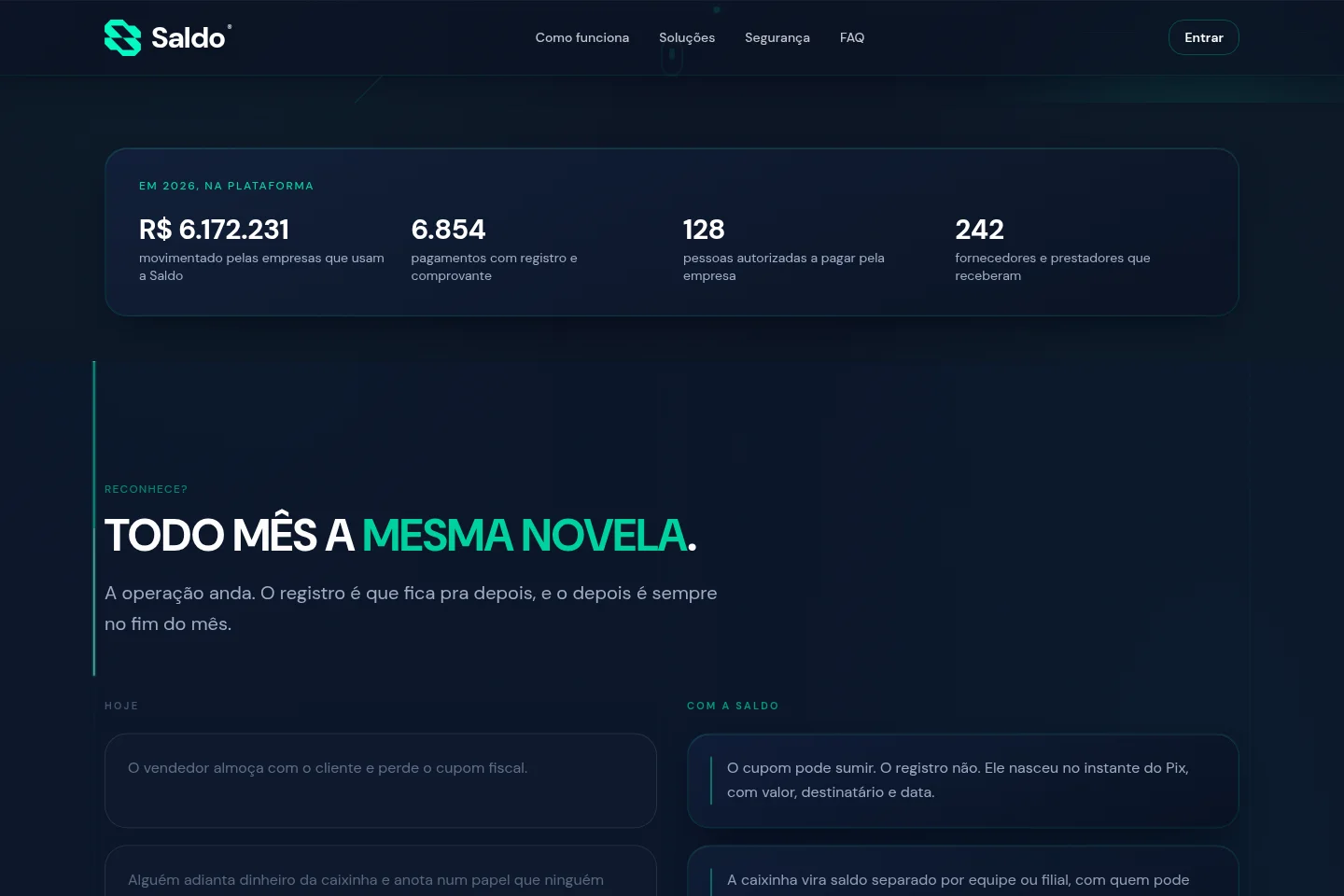 Página da Saldo com números da plataforma e a comparação da rotina antes e depois do produto
