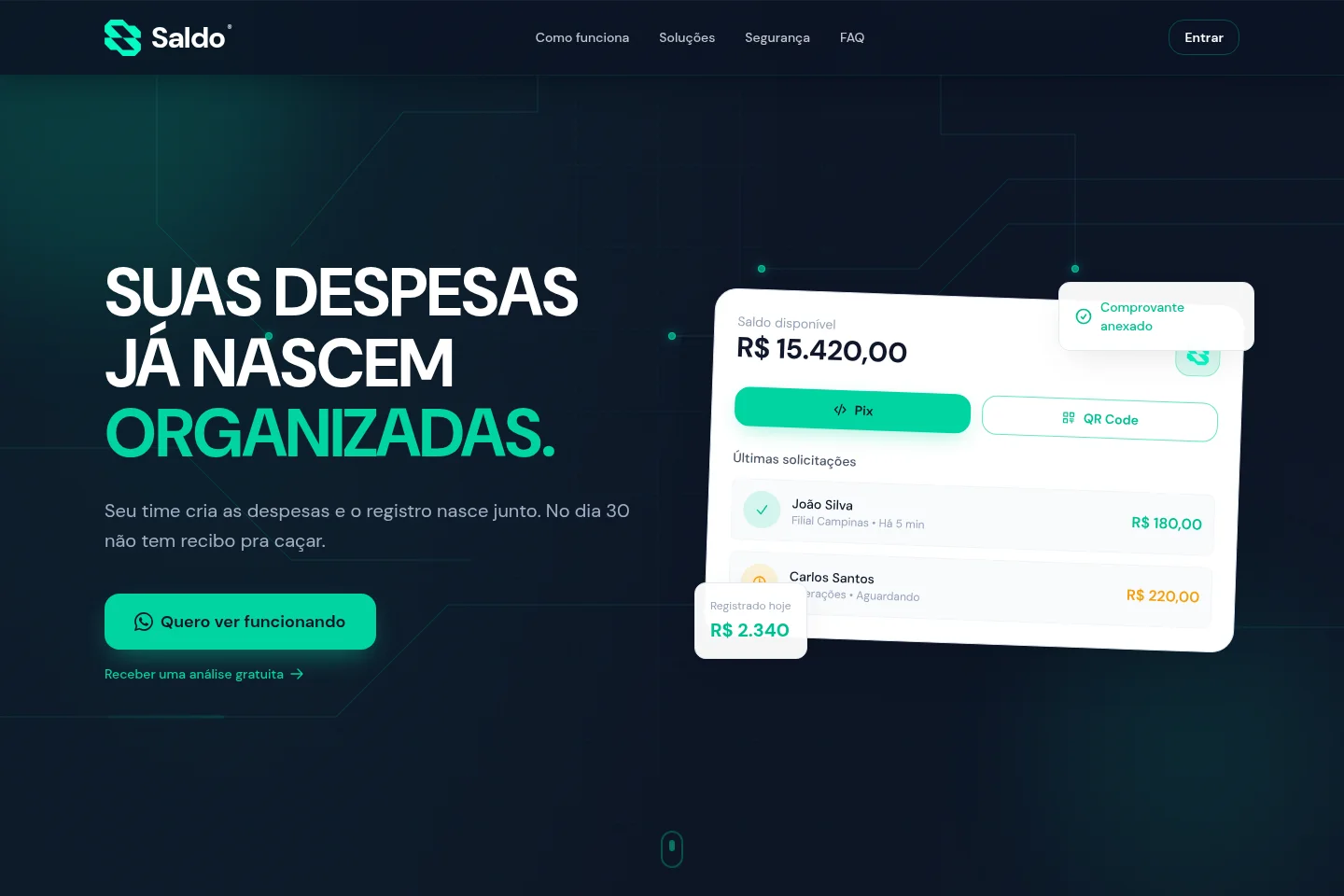 Página inicial da Saldo mostrando o produto financeiro e a organização dos gastos via Pix